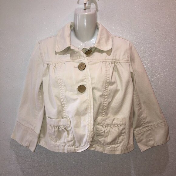Chicos Womens Medium / 1 Cream Big Button Front Pockets Denim Jean Jacket Coat - Picture 3 of 9